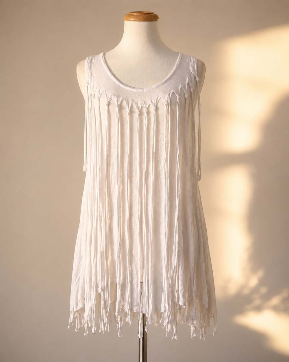 Boho Fringe Tunic White Sleeveless Festival Hippie Tank Beach Western Top L